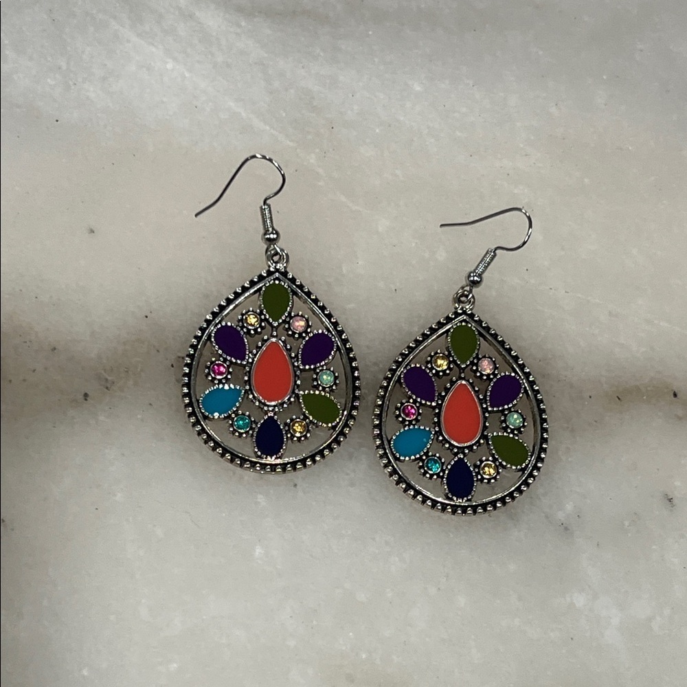 Bohemian Multicolor Oil Drip and Rhinestone Teardrop Earrings